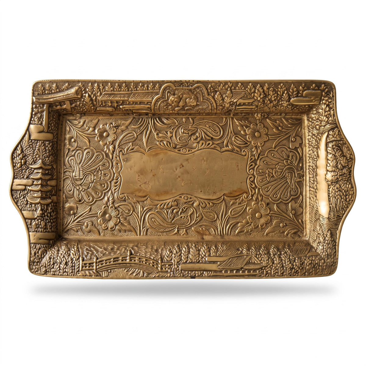 Vintage Japonisme Style Brass-Tone Tray with Pagoda, Torii Gate and Bridge Scenes, Floral Centre