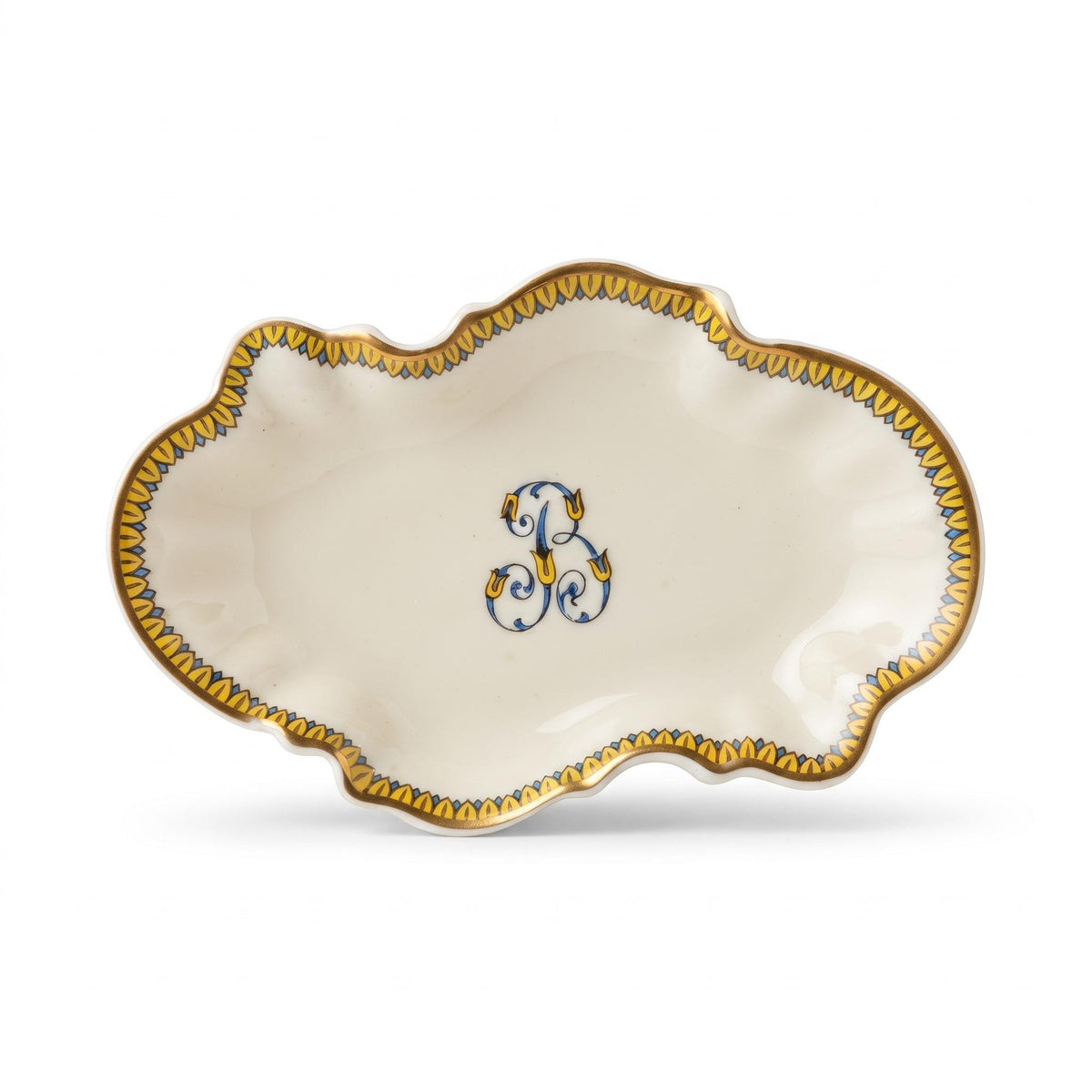 Vintage Shaped White Glazed Ceramic Trinket Dish with Monogram "B", Yellow and Blue Palmette Border and Gilt Rim