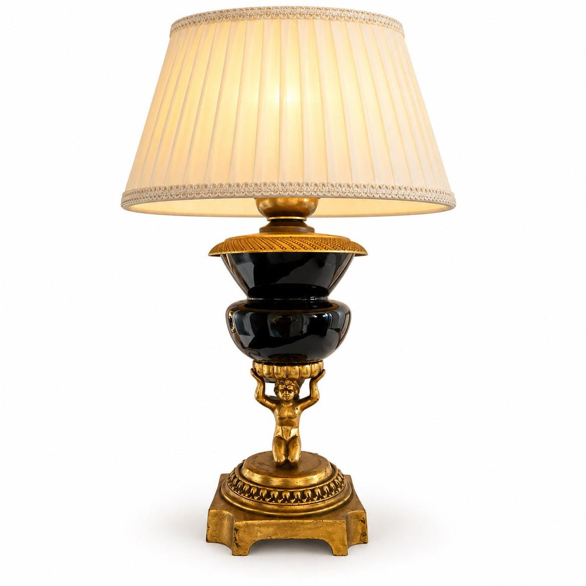 Vintage Napoleon III Style Small Black and Gilt Metal Table Lamp Base, Figural Stem on Square Footed Base