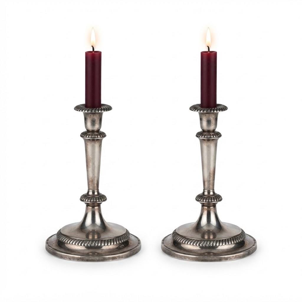 Vintage Pair of Georgian Style Silver-Tone Candlesticks with Gadrooned Borders and Tapering Stems