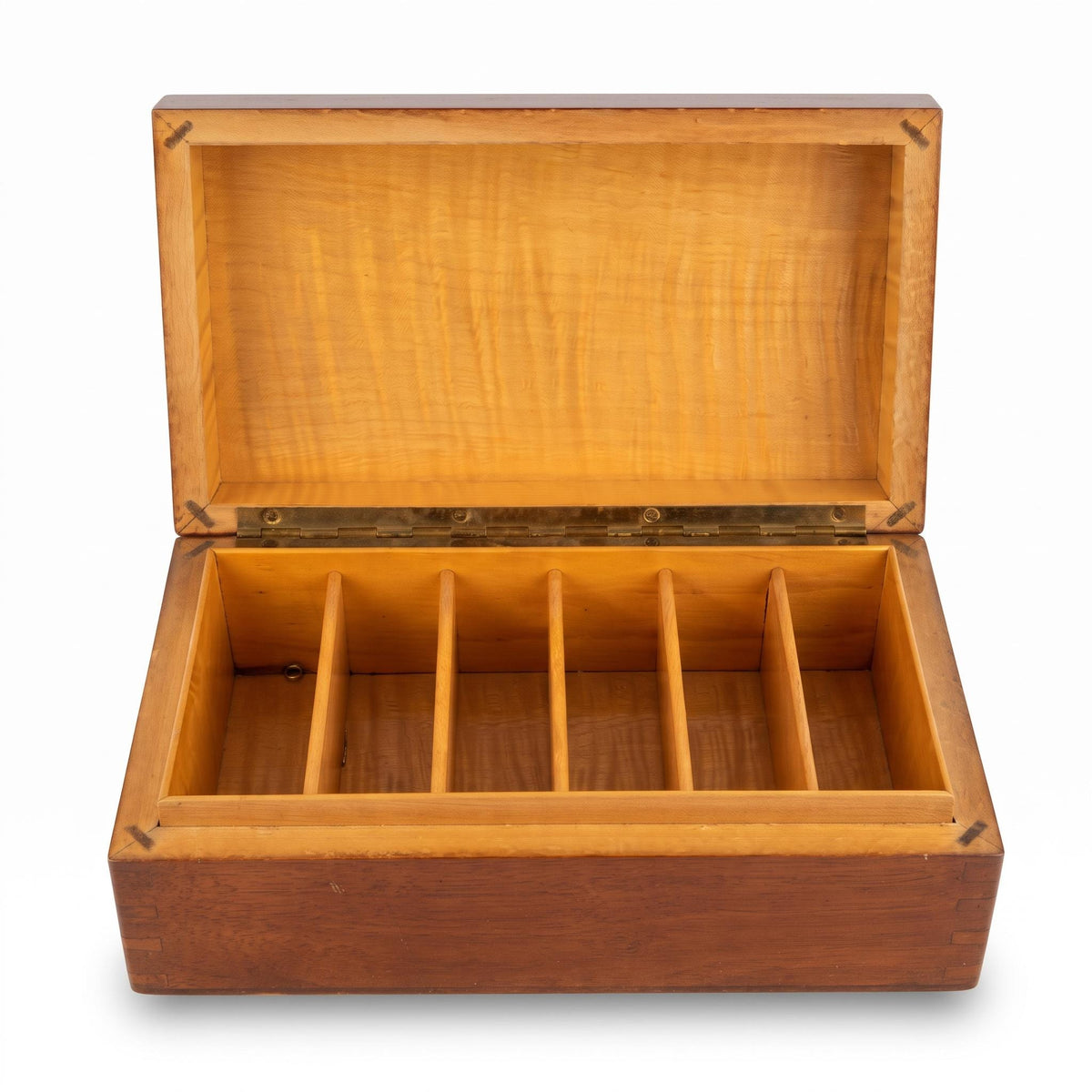 Vintage Wooden Box with Figured Wood Interior, Brass Piano Hinge and Removable Dividers