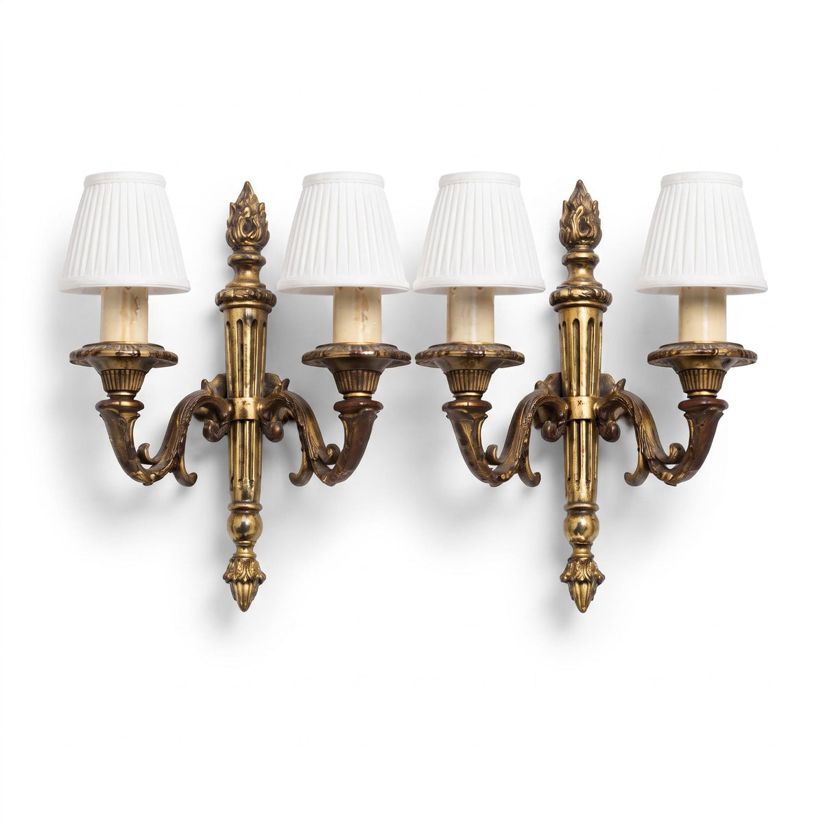Vintage Pair of Louis XVI Style Two-Arm Wall Sconces, Patinated Brass-Tone Metal with Torch Back Plates and Acanthus Arms