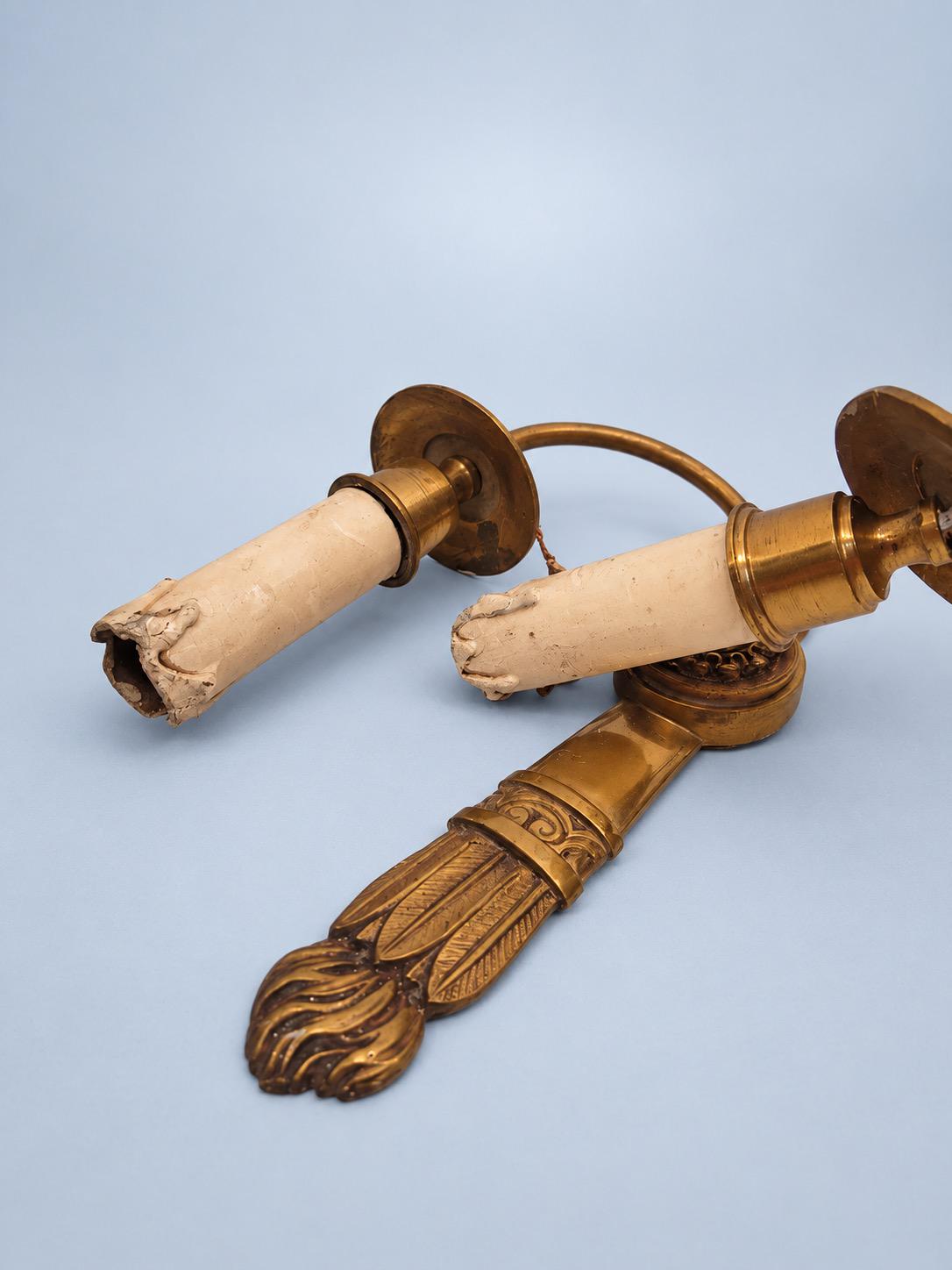 Vintage Pair of Louis XVI Style Gilt Metal Two-Arm Wall Sconces, Torch Back Plates with Rosettes and Swan-Neck Arms