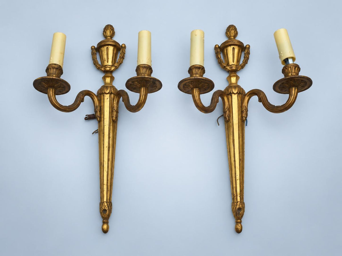 Vintage Pair of Louis XVI Style Gilt Metal Two-Arm Wall Sconces with Urn and Garland Crest