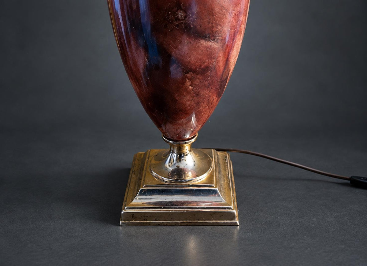 Vintage French Table Lamp, Maison Le Dauphin, Marbled Amber Resin Urn Body with Brass Fittings — France, 1970s