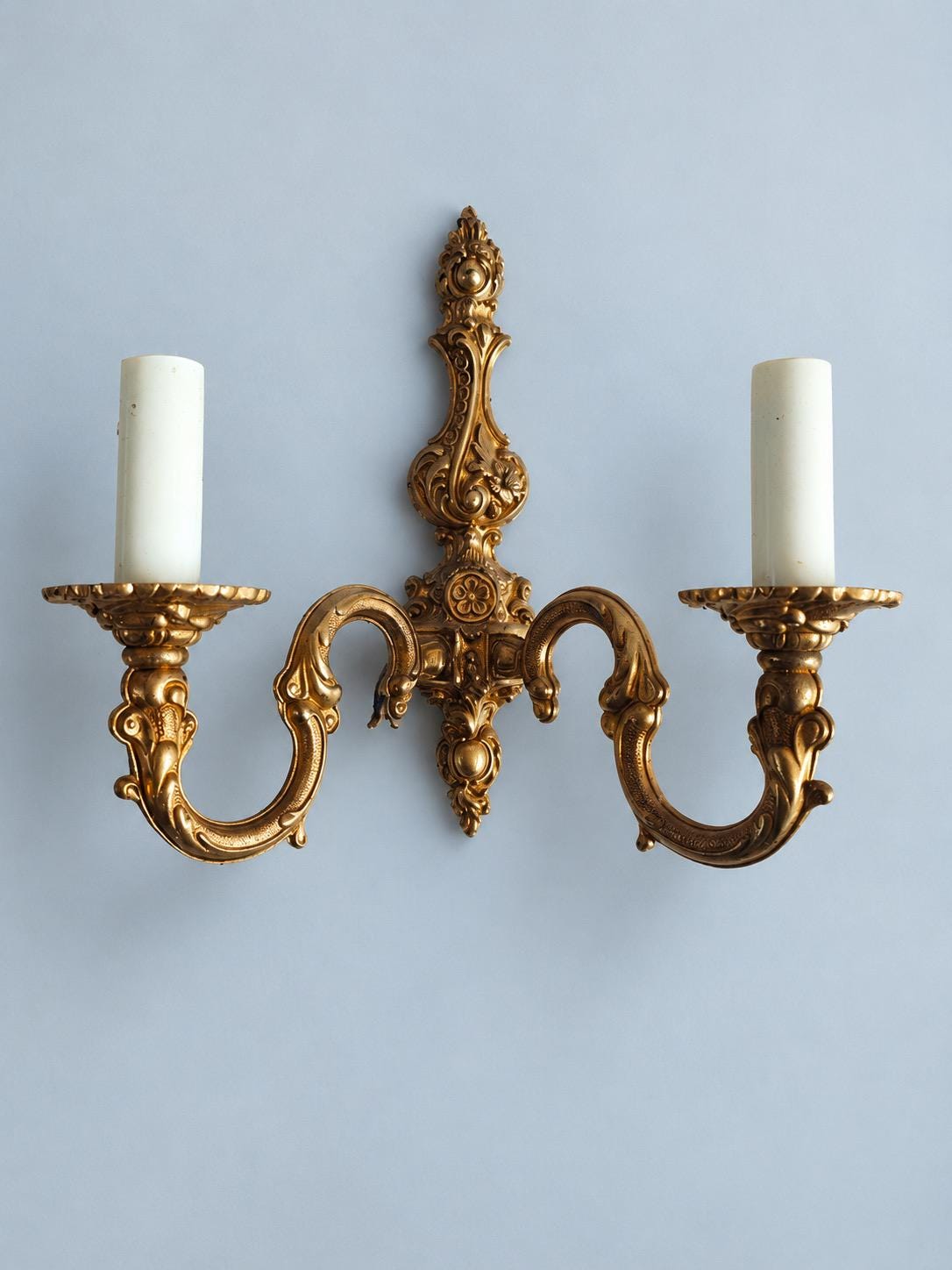 Vintage Pair of Small Louis XV Style Gilt Metal Two-Arm Wall Sconces with Scrolled Arms