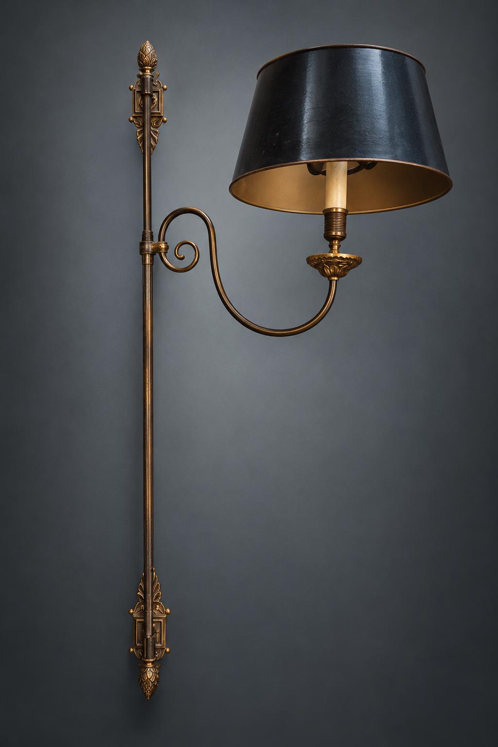 Vintage French Brass Library Wall Lamp with Scrolled Arm and Acanthus Finials — Tall Wall-Mount Sconce, 120 cm