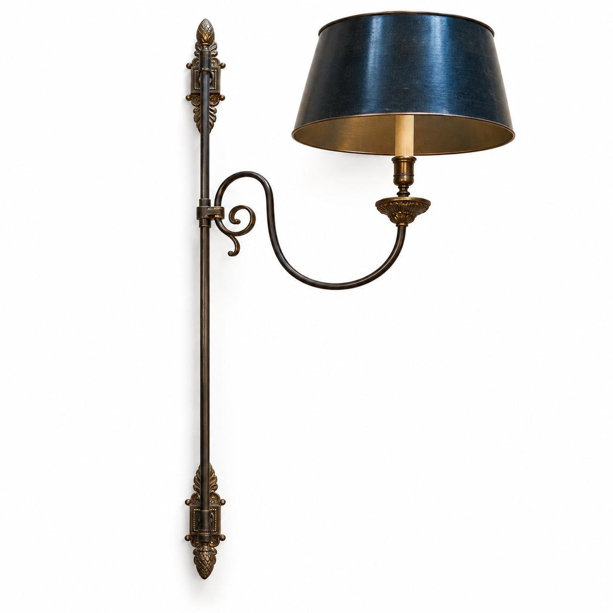 Vintage French Brass Library Wall Lamp with Scrolled Arm and Acanthus Finials — Tall Wall-Mount Sconce, 120 cm