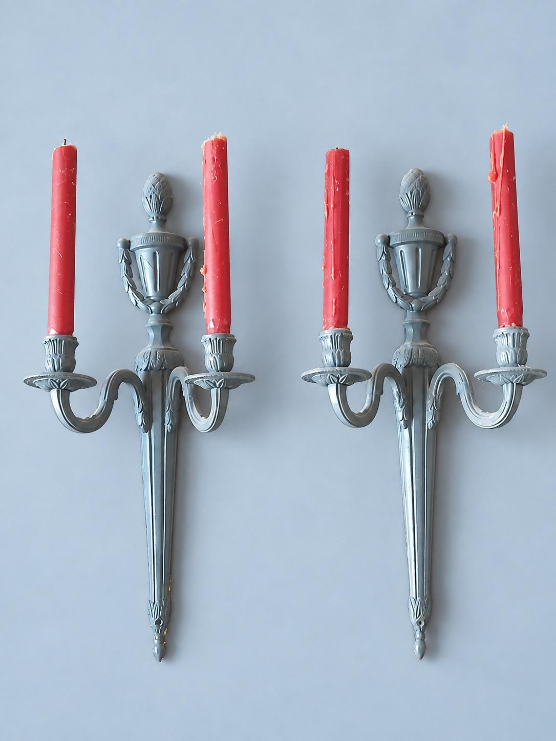 Vintage Set of Four Louis XVI Style Grey Painted Metal Two-Arm Candle Wall Sconces with Urn Crest