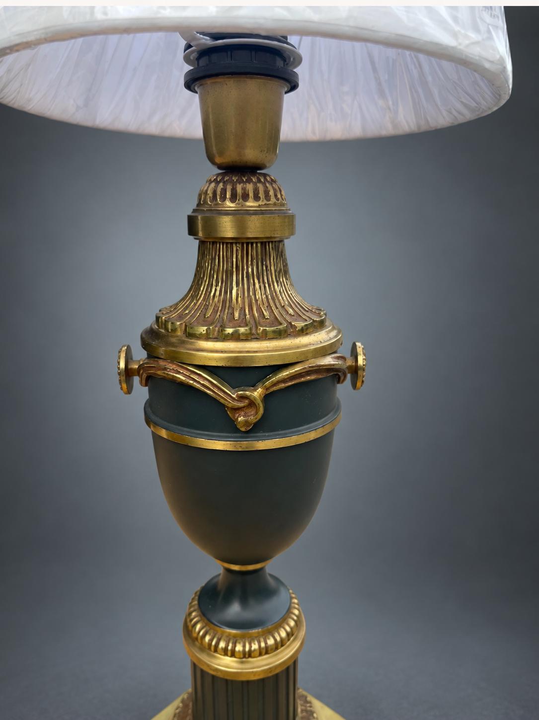 Brass Table Lamp with Navy Blue Painted Urn Body, Fluted Column Base, and Swag Detail