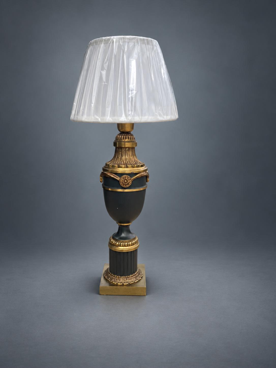 Brass Table Lamp with Navy Blue Painted Urn Body, Fluted Column Base, and Swag Detail