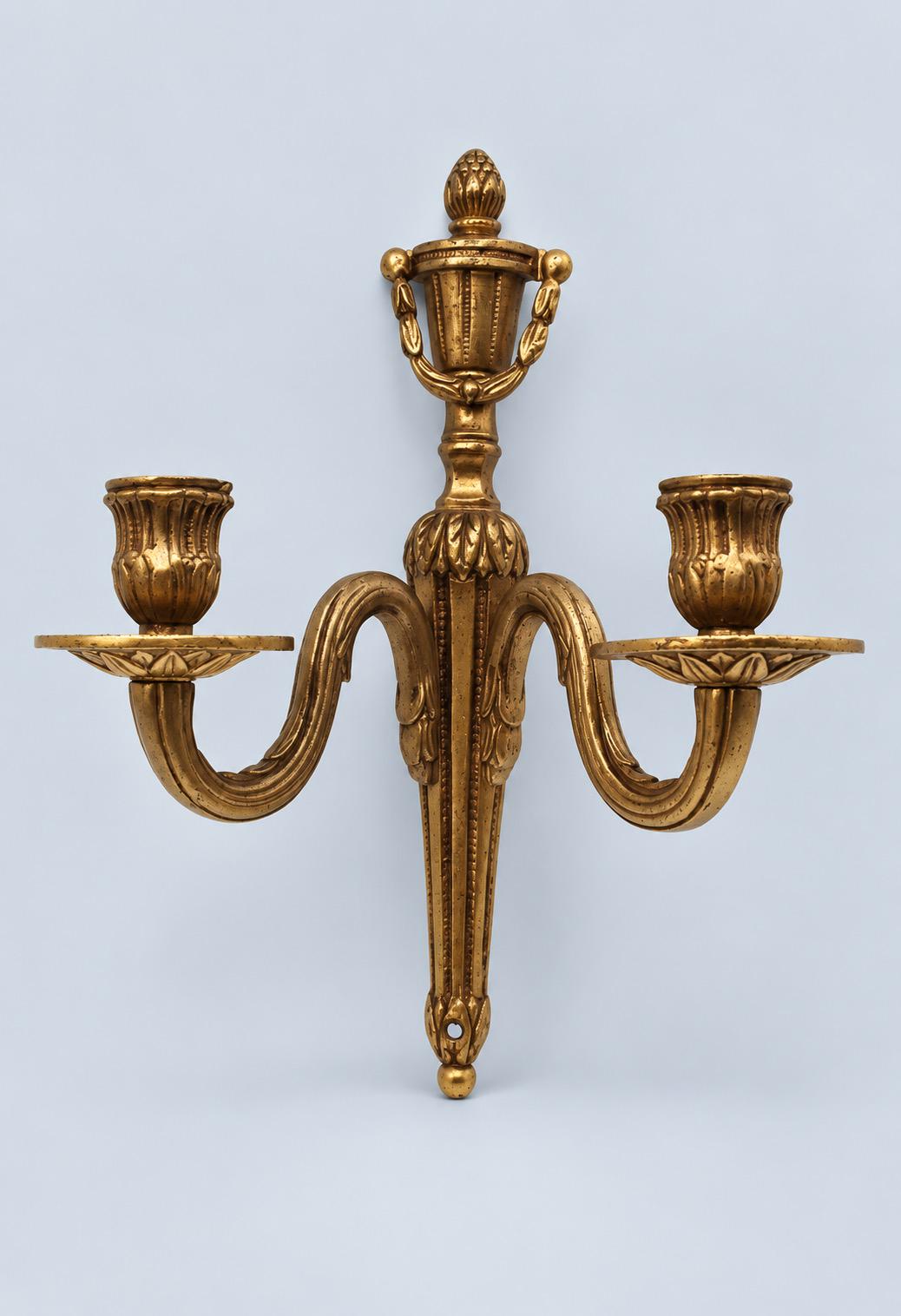 Vintage Pair of Louis XVI Style Gilt Metal Two-Arm Candle Wall Sconces with Urn Crest