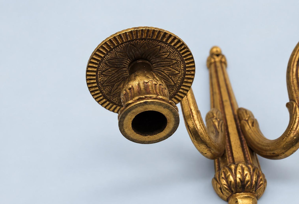 Vintage Pair of Louis XVI Style Gilt Metal Two-Arm Candle Wall Sconces with Urn Crest