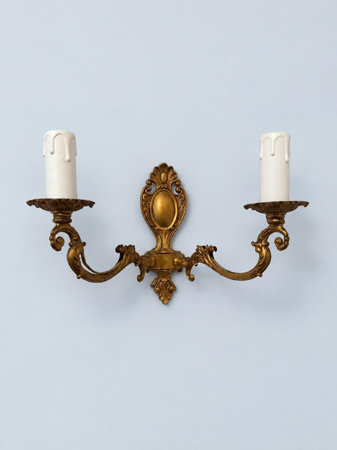 Vintage Pair of Small Louis XV Style Gilt Metal Two-Arm Wall Sconces with Shell Crest