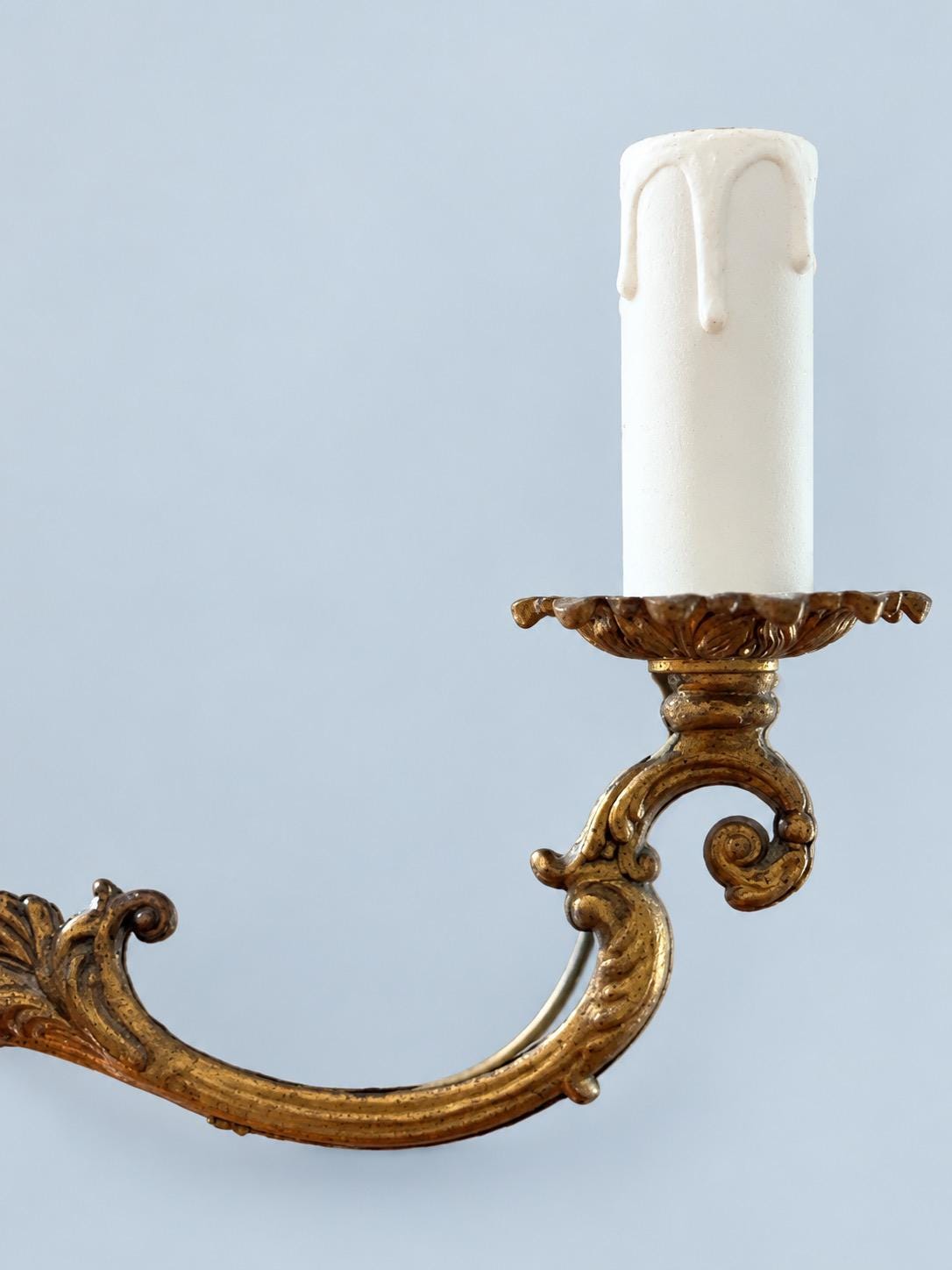 Vintage Pair of Small Louis XV Style Gilt Metal Two-Arm Wall Sconces with Shell Crest