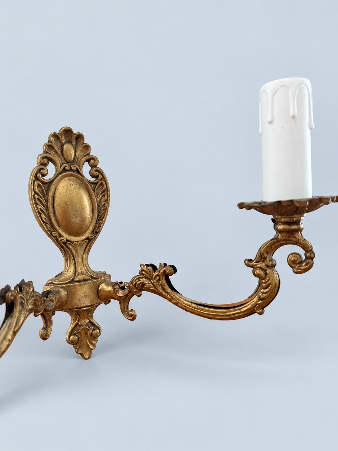 Vintage Pair of Small Louis XV Style Gilt Metal Two-Arm Wall Sconces with Shell Crest