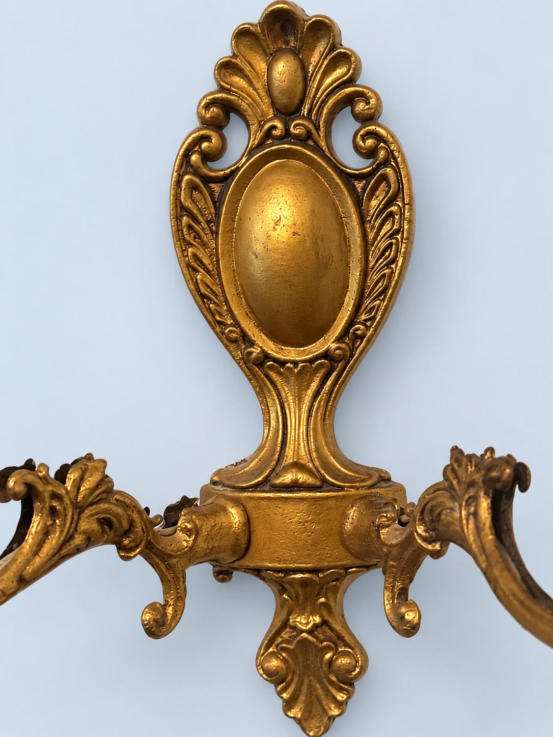 Vintage Pair of Small Louis XV Style Gilt Metal Two-Arm Wall Sconces with Shell Crest