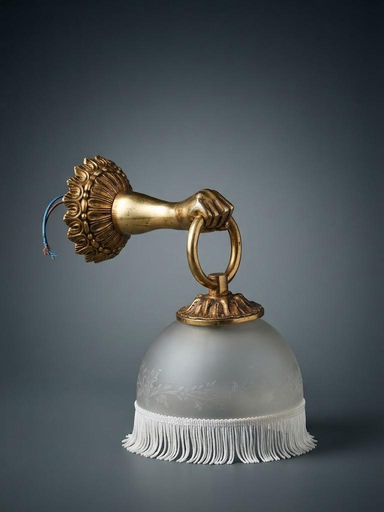 Brass Wall Lamp with Figural Hand Mount and Frosted Etched Glass Shade