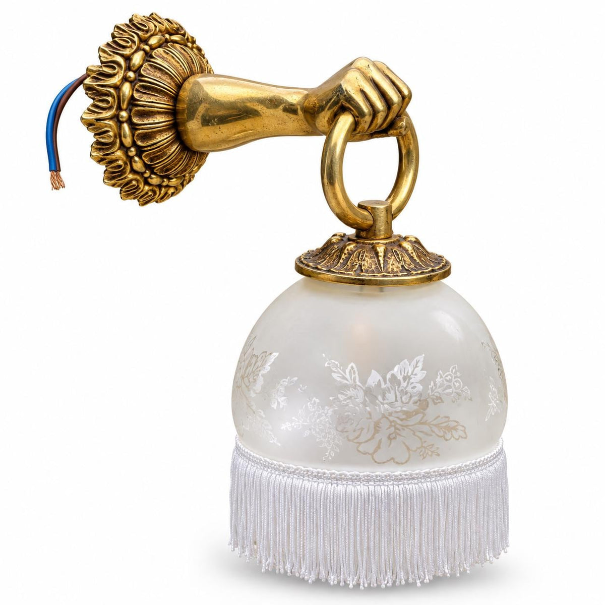 Brass Wall Lamp with Figural Hand Mount and Frosted Etched Glass Shade
