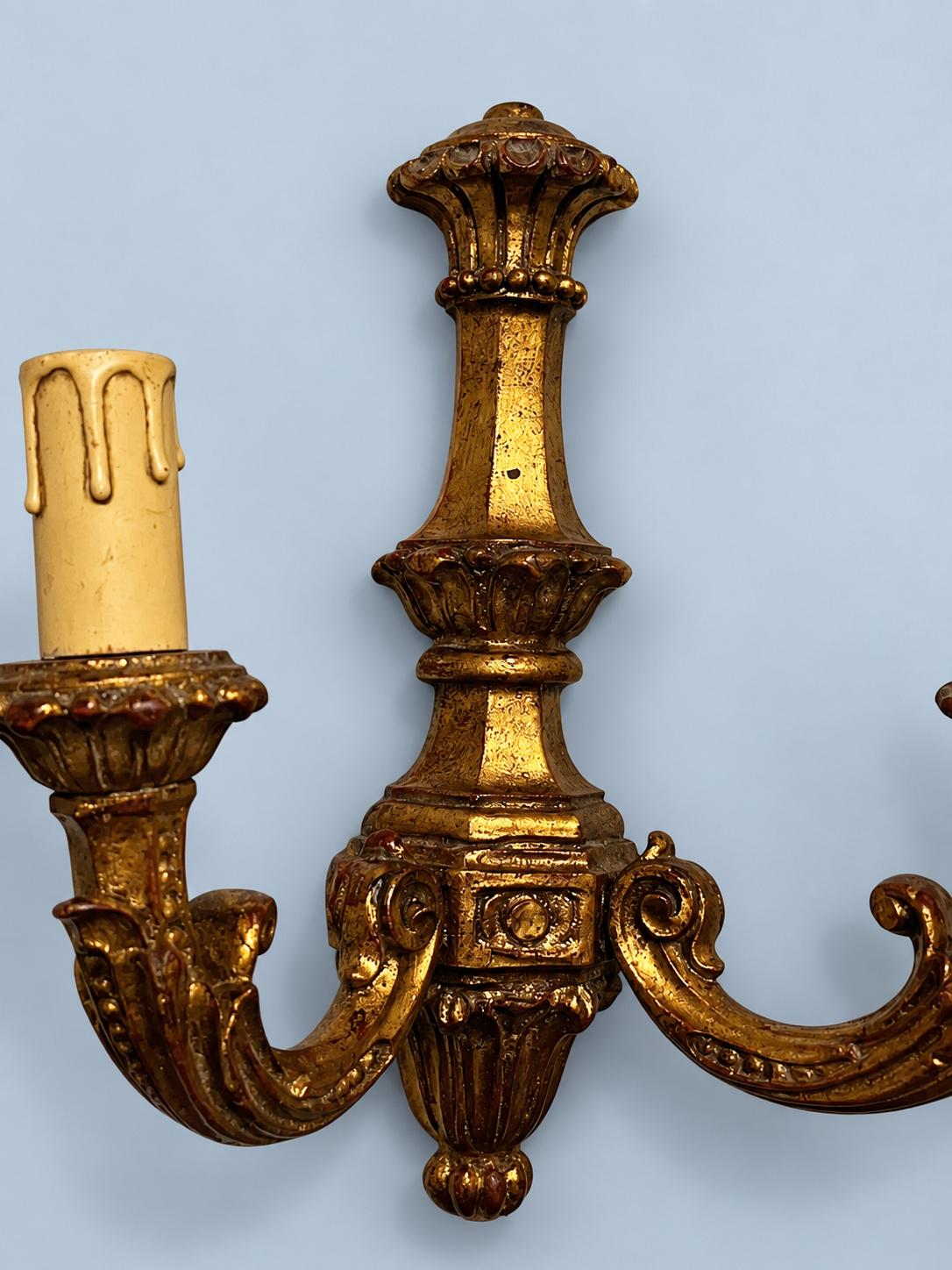 Vintage Pair of Classical Style Antique Gold Finish Two-Arm Wall Sconces with Acanthus Arms