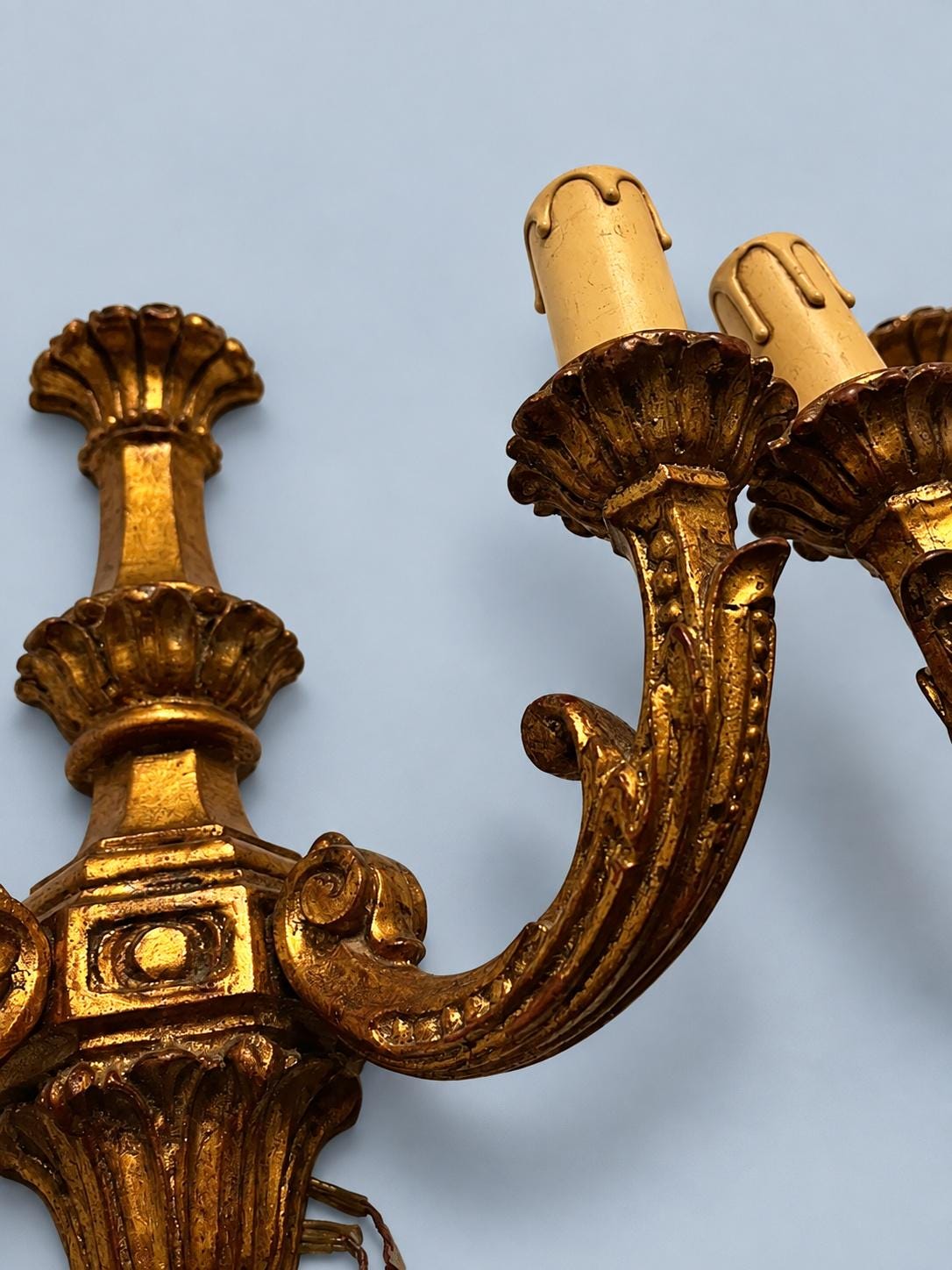 Vintage Pair of Classical Style Antique Gold Finish Two-Arm Wall Sconces with Acanthus Arms