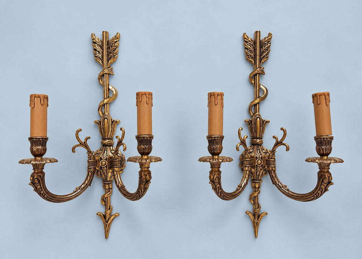 Vintage Pair of Louis XVI Style Gilt Metal Arrow and Ribbon Two-Arm Wall Sconces