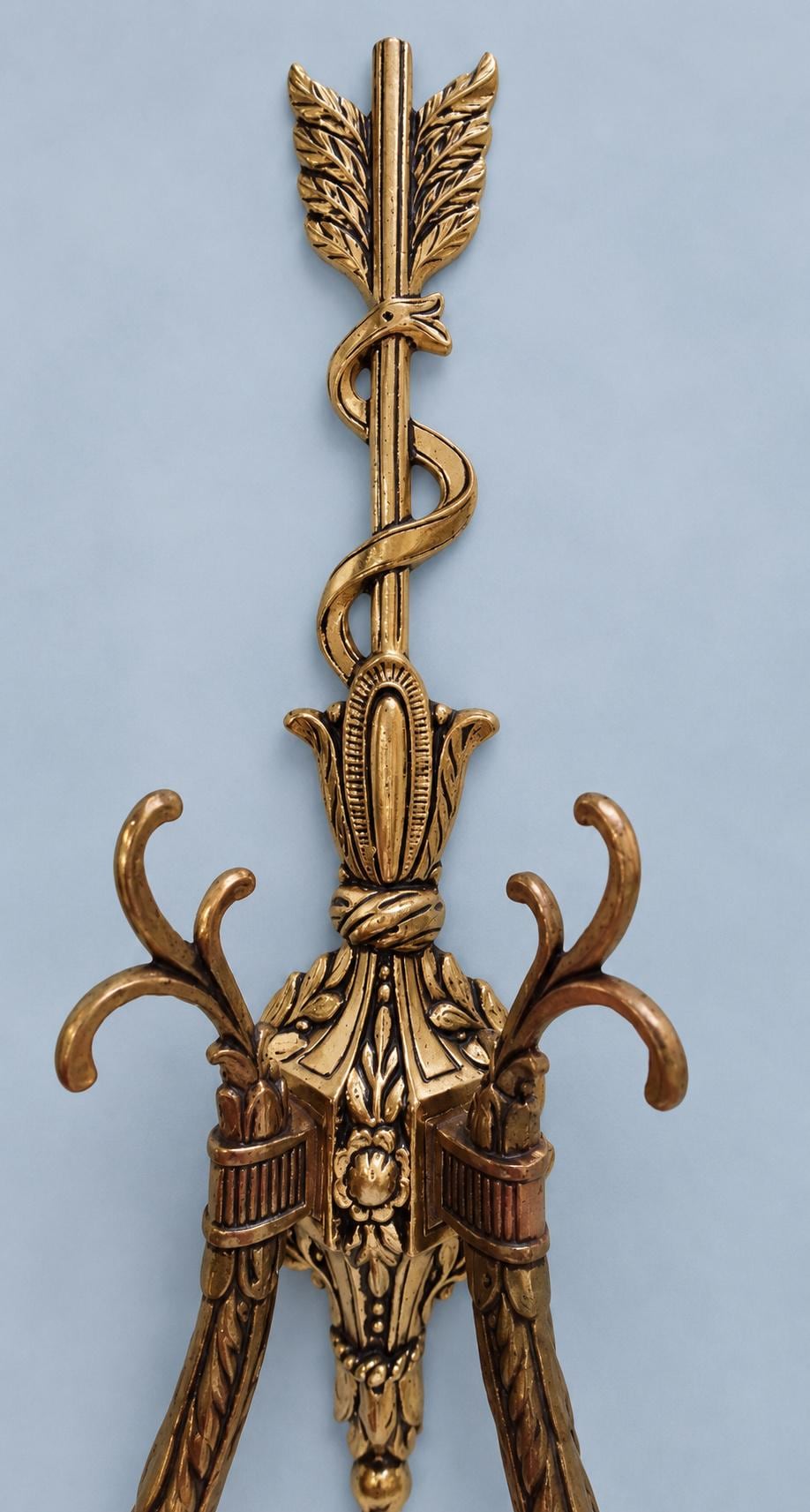 Vintage Pair of Louis XVI Style Gilt Metal Arrow and Ribbon Two-Arm Wall Sconces