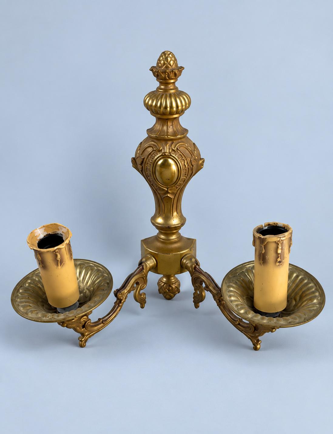Vintage Pair of Louis XV Style Gilt Metal Two-Arm Wall Sconces with Deep Drip Pans