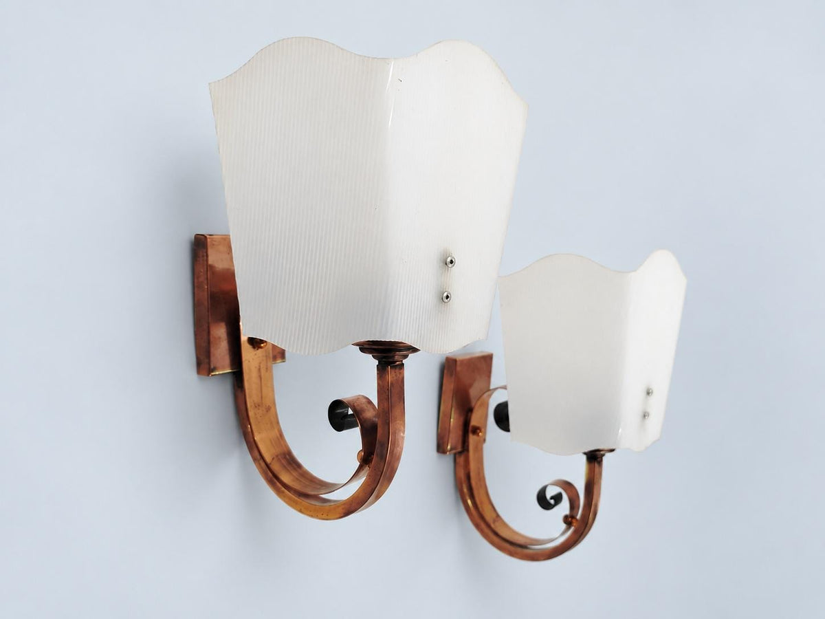 Vintage Pair of French Art Deco Copper-Tone Scroll Wall Sconces with White Ribbed Shades