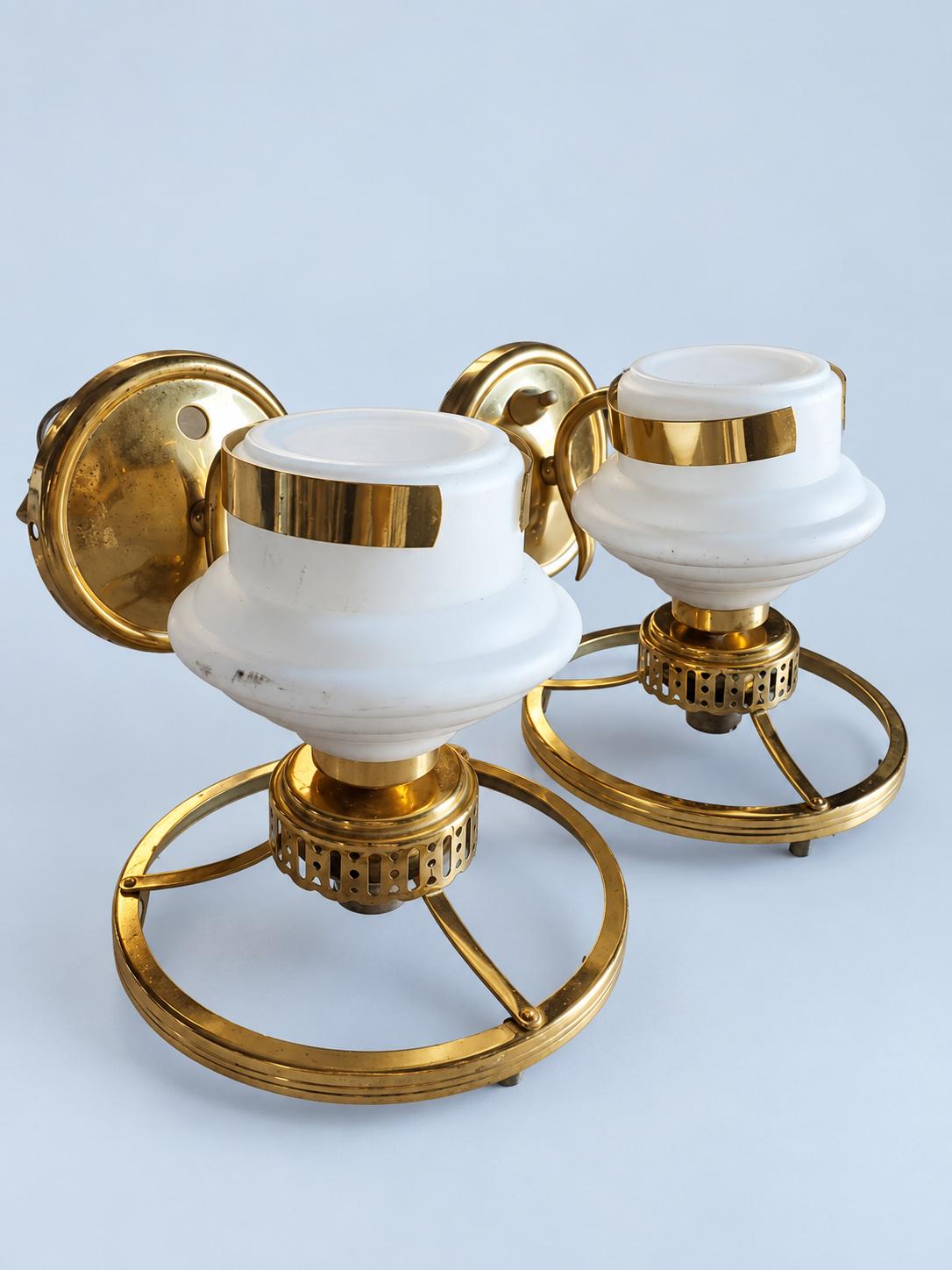Vintage Pair of Brass-Tone Oil Lamp Style Wall Sconces with White Glass Shades
