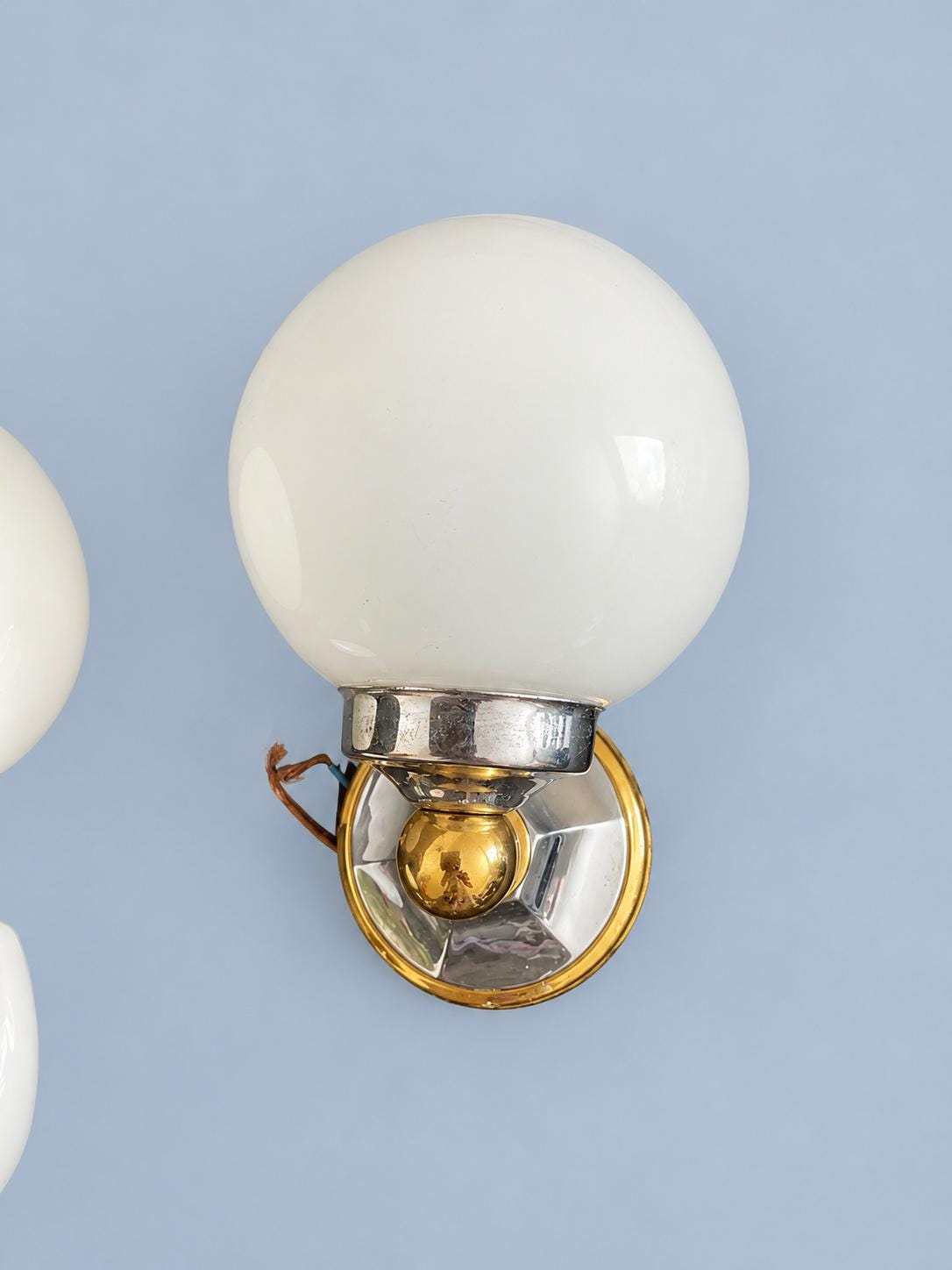 Vintage Pair of Mid-Century Brass-Tone Wall Sconces with White Glass Globes