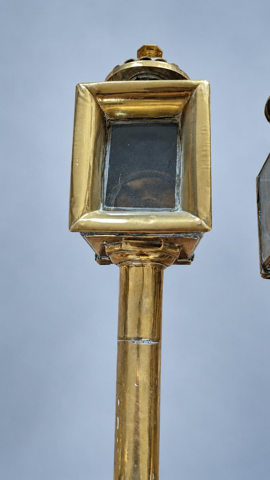 Pair of Brass-Tone Carriage Lanterns, Square Glass Boxes with Hinged Doors and Long Shafts, 48 cm