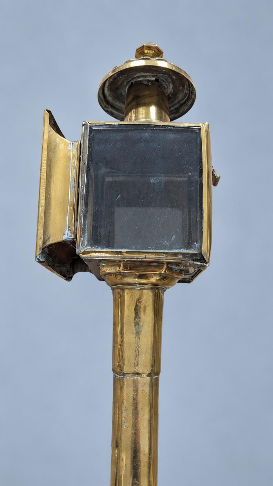 Pair of Brass-Tone Carriage Lanterns, Square Glass Boxes with Hinged Doors and Long Shafts, 48 cm