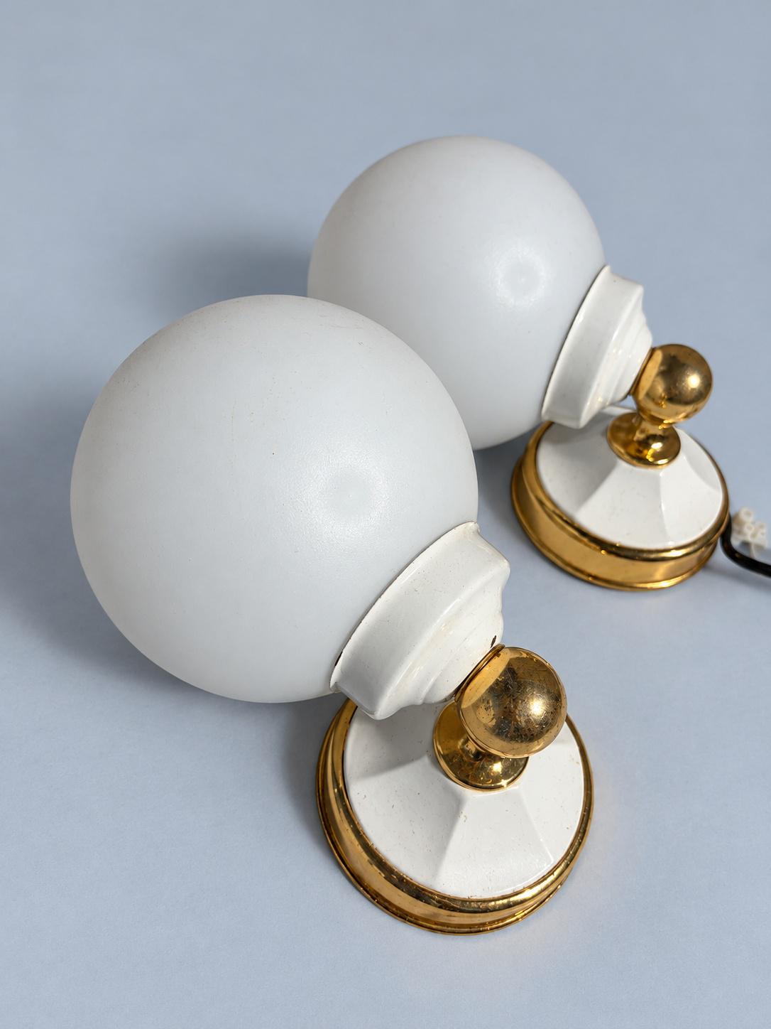 Vintage Pair of Hollywood Regency Style White and Gold-Tone Globe Wall Sconces