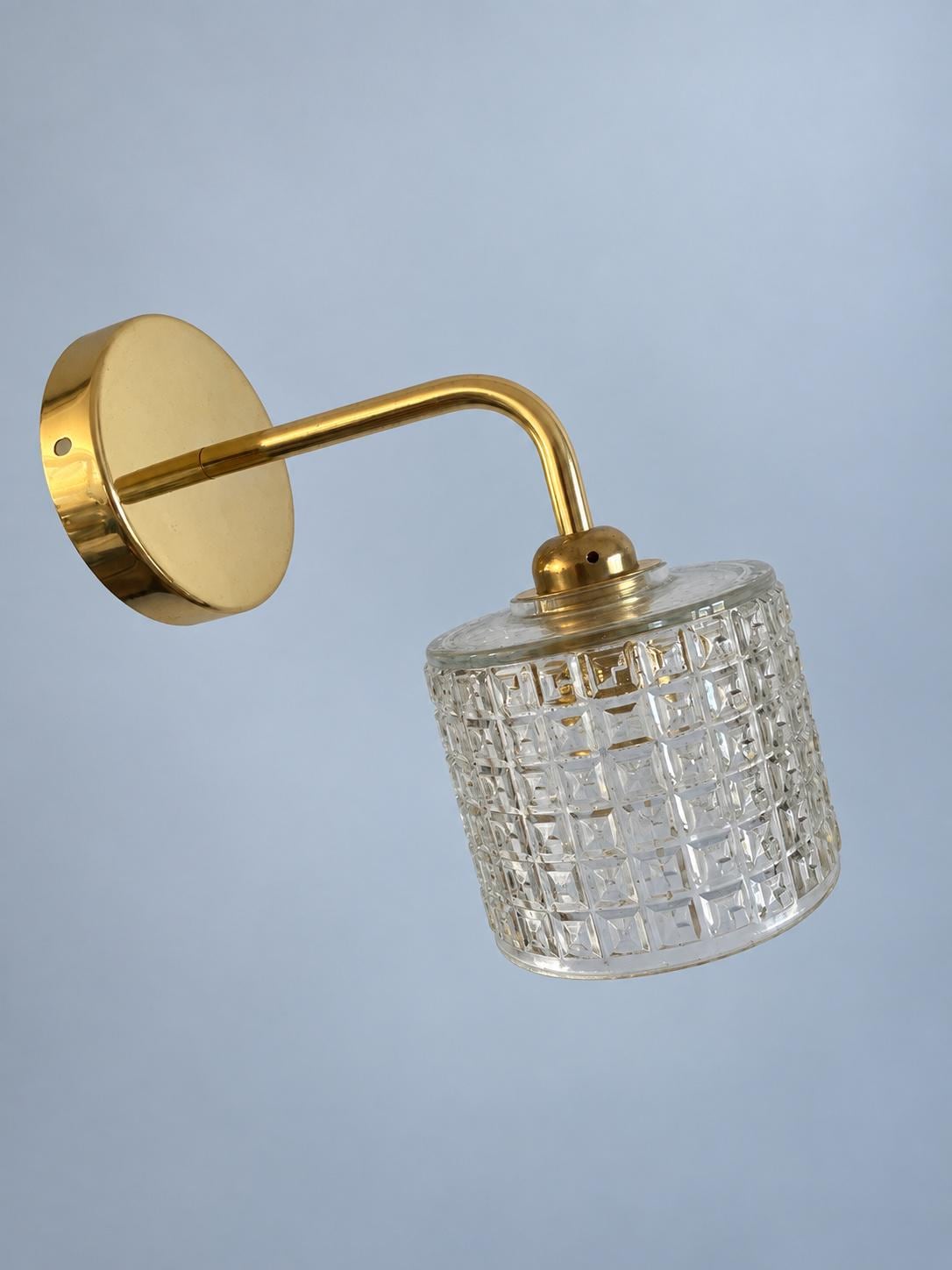 Vintage Pressed Glass Shades on Gold-Tone Wall Sconces, Pair, Newly Mounted