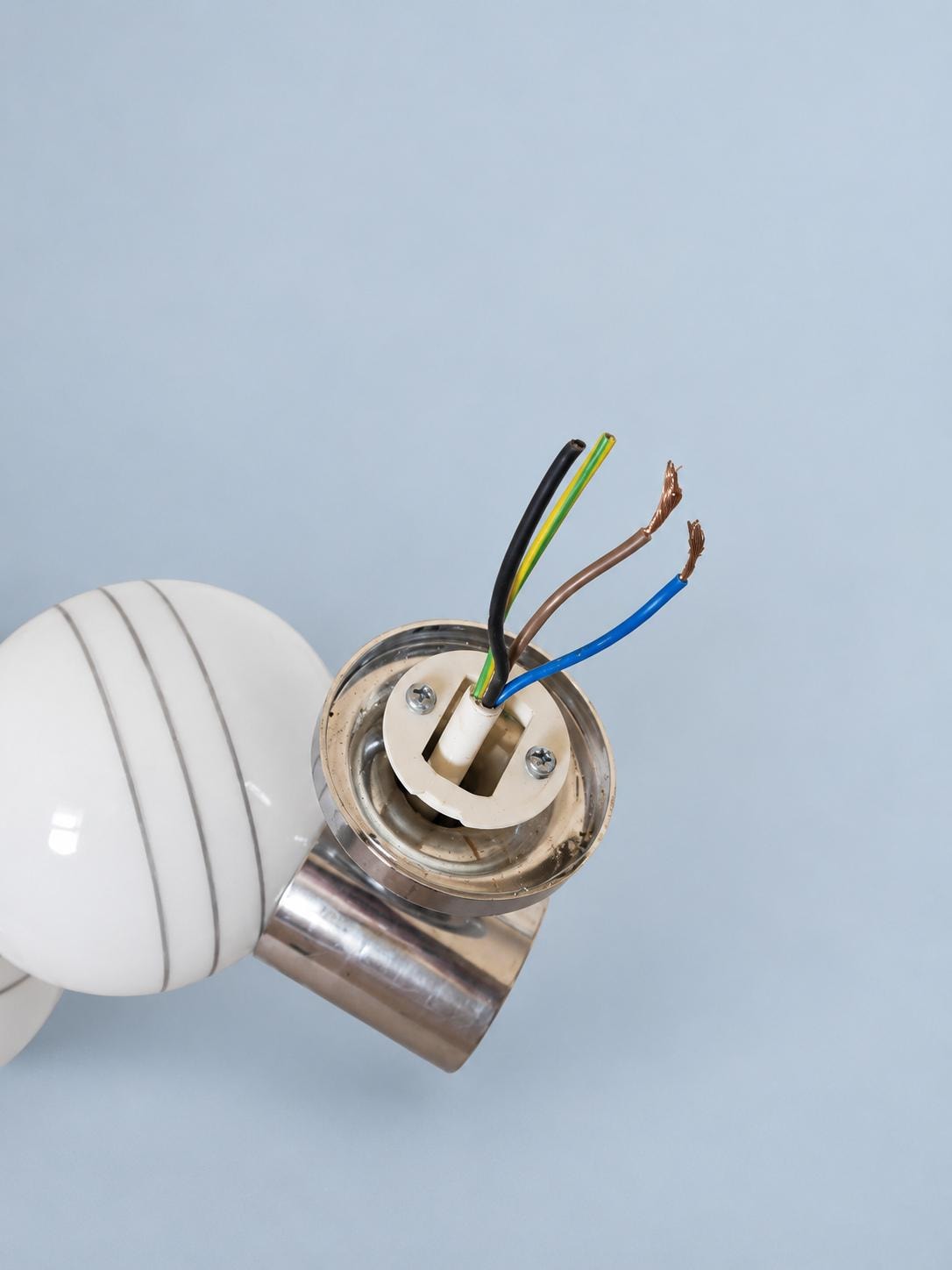 Pair of Vintage White Glass Globe Wall Sconces, Three Curved Grey Stripes, Chrome-Tone Cylinders and Round Backplates