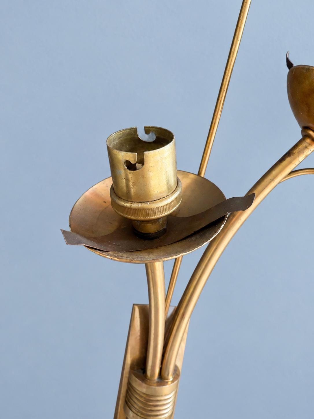 Pair of Vintage Gold-Tone Reed Wall Sconces, Two Arms Each, Clear Plastic Accents, Bare Bayonet Sockets, 50 cm