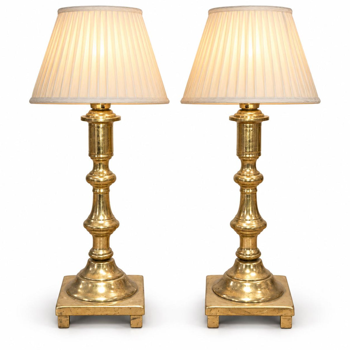 Pair of Gold-Tone Candlestick Table Lamp Bases, Square Feet, 27 cm