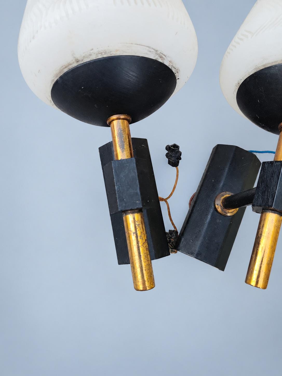 Vintage Pair of 1960s French Black and Brass-Tone Wall Sconces with White Textured Cone Glass Shades