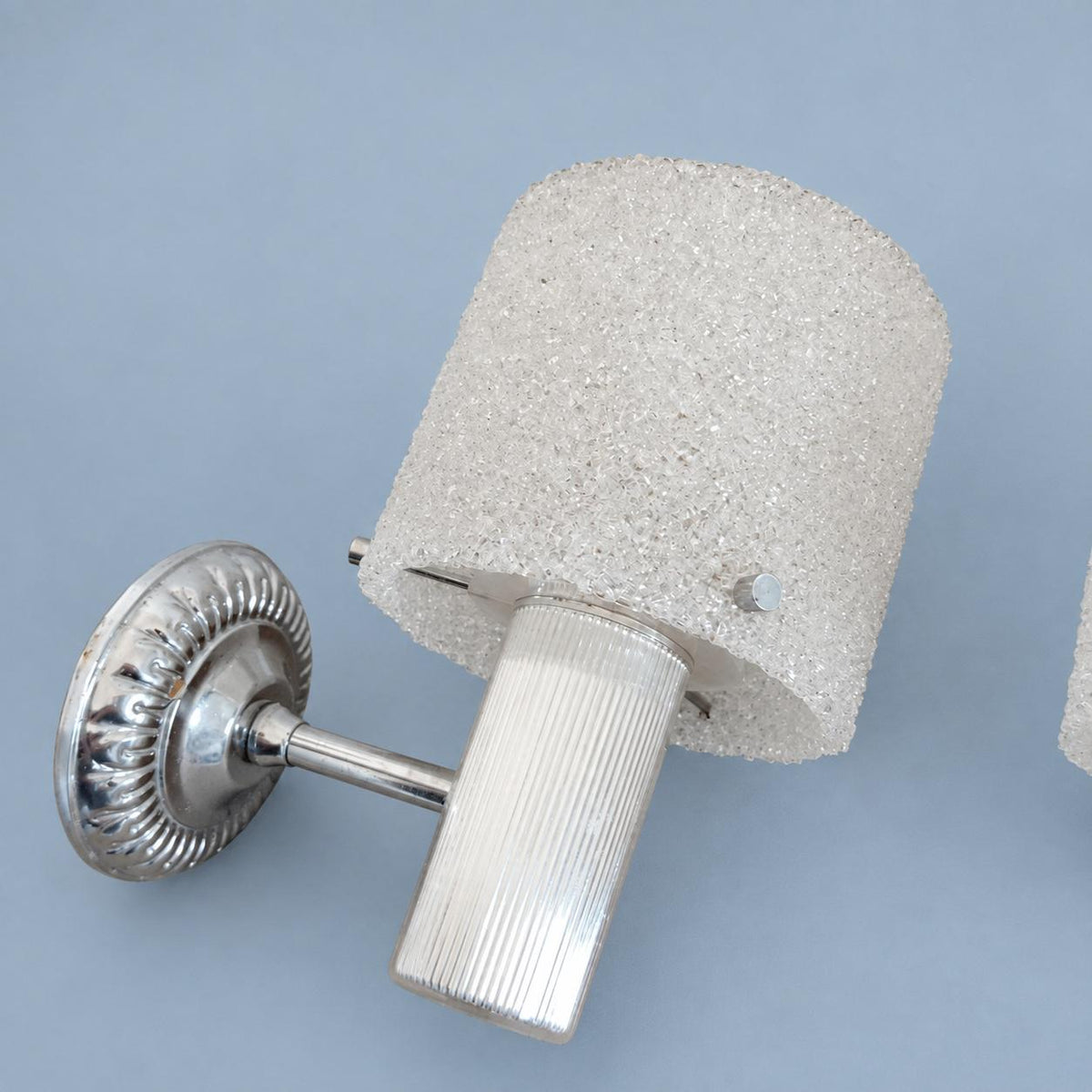 Vintage Pair of 1960s–70s French Silver-Tone Wall Sconces with Textured "Sugar" Acrylic Shades