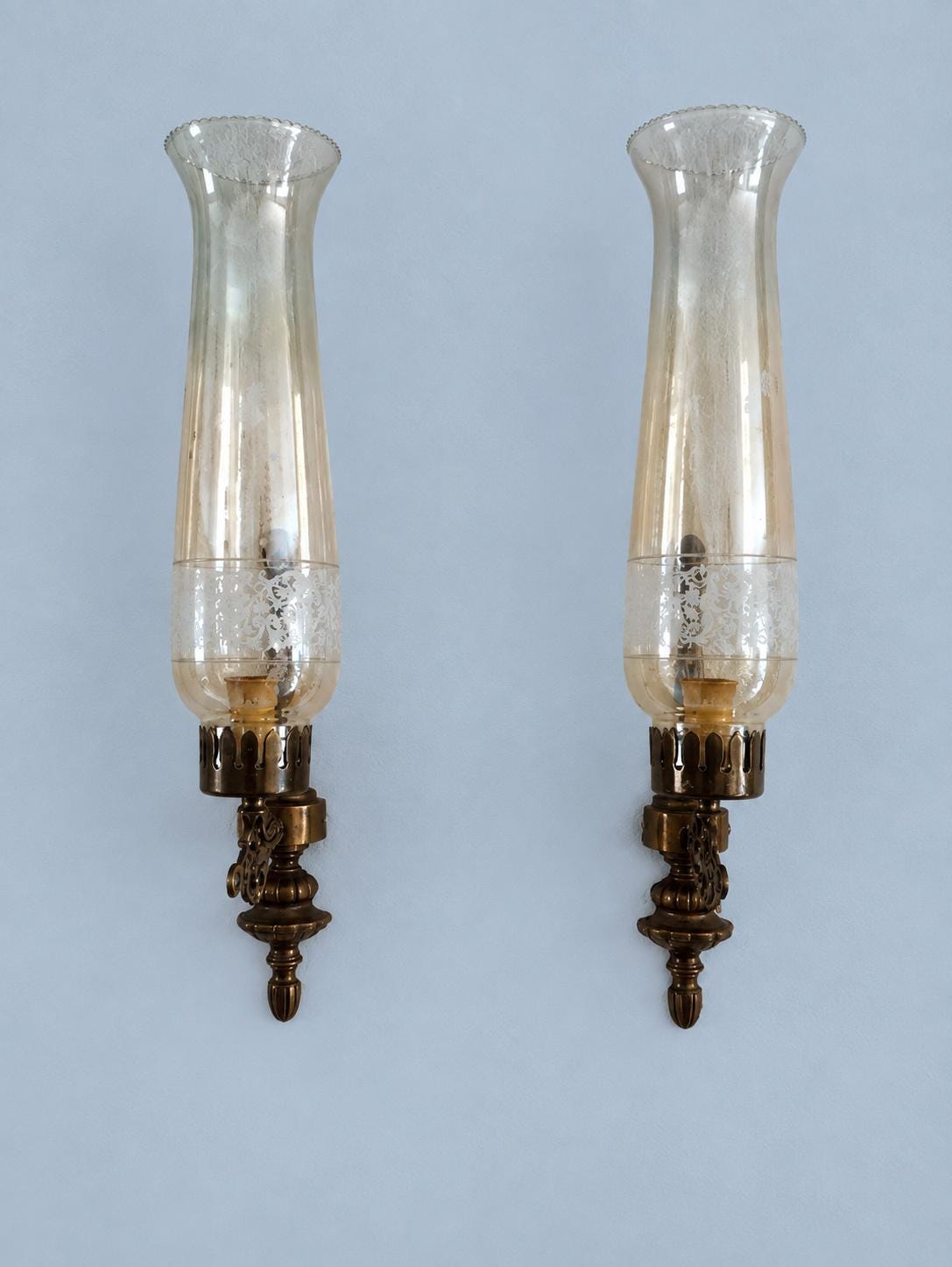 Vintage Pair of Brass-Tone Single-Arm Wall Sconces with Tall Iridescent Hurricane Glass Shades