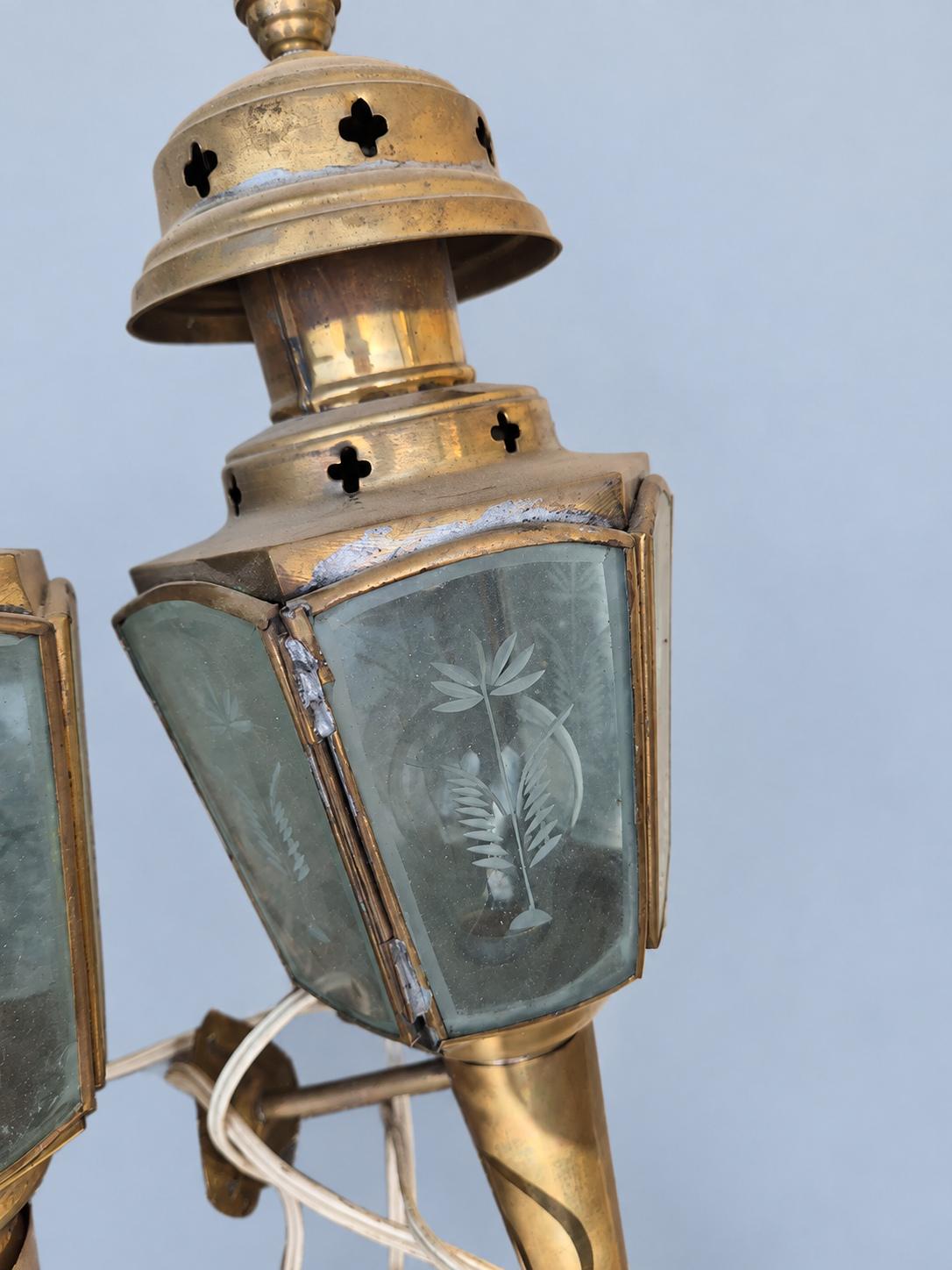 Vintage Pair of Brass-Tone French Fiacre Carriage Wall Lanterns with Etched Wheat Glass Panels