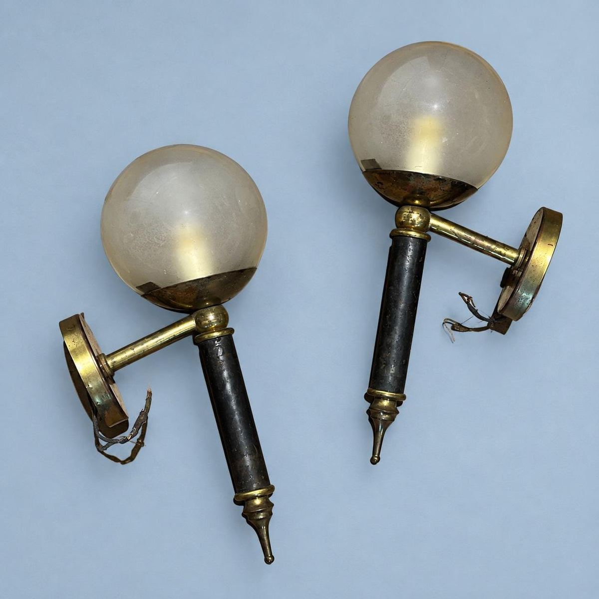 Vintage Pair of French Black and Brass-Tone Torch Wall Sconces with Glass Globes