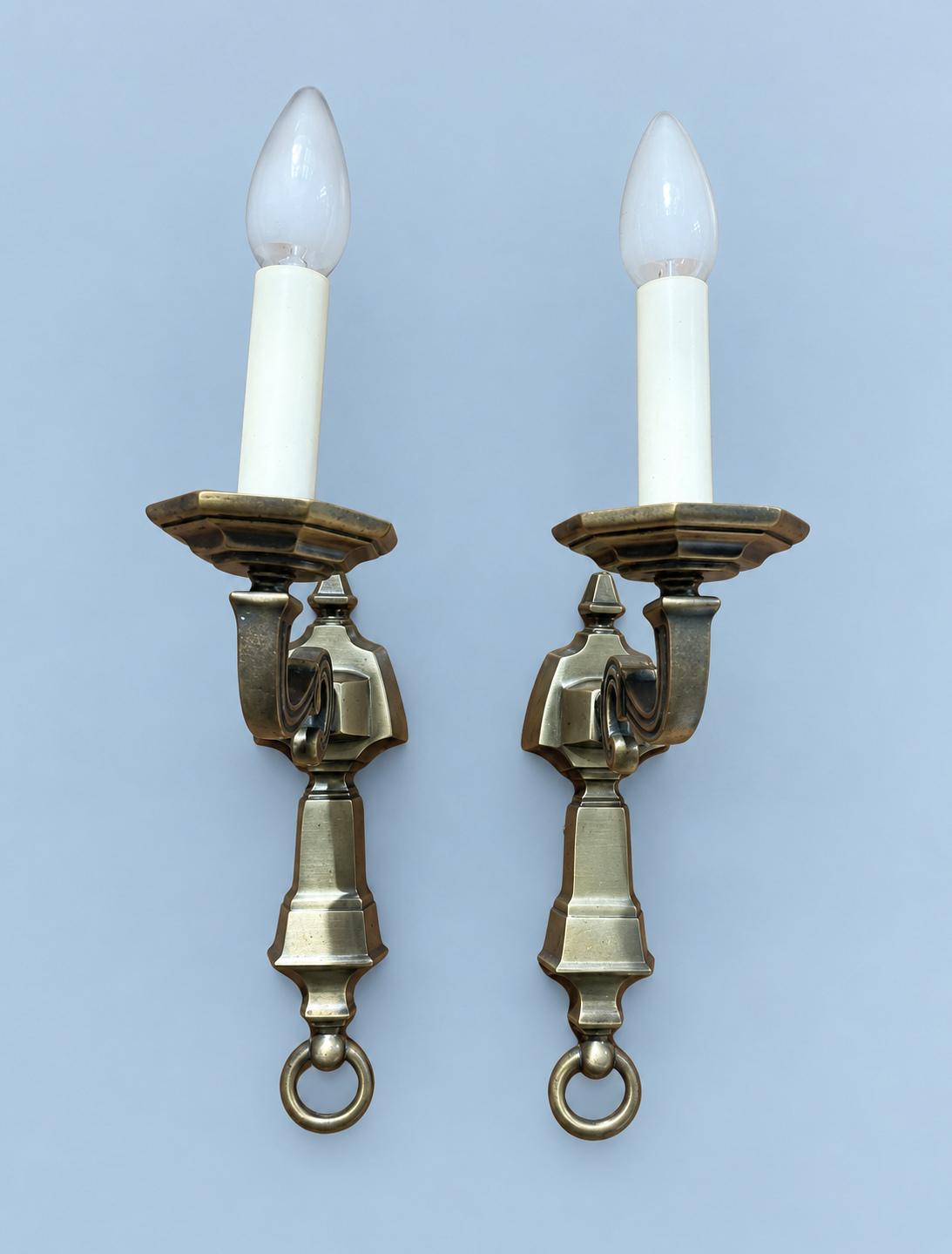 Pair of Antique Style Single-Arm Wall Sconces, Faceted Backplates, Octagonal Drip Pans and Hanging Ring Finials