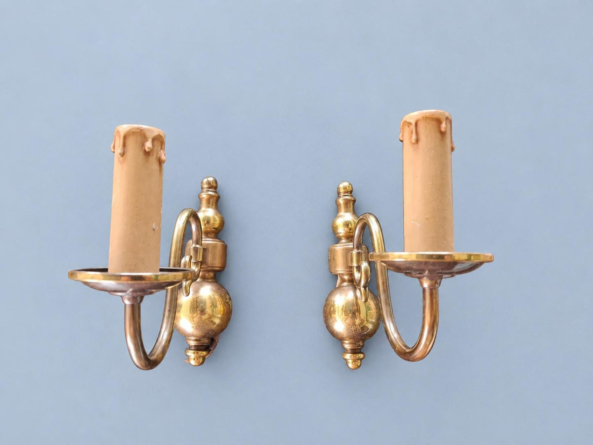 Vintage Pair of Flemish Style Brass-Tone Single-Arm Wall Sconces with Polished Ball