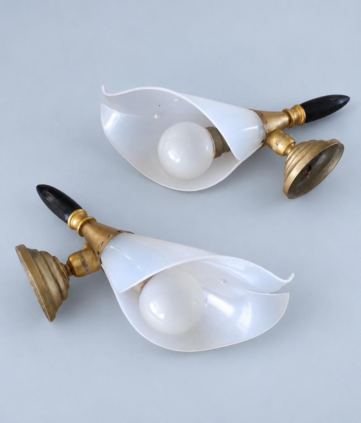 Pair of Vintage Rockabilly Wall Sconces, Black and White Plastic Petal Shades, Brass-Tone Bases and Pointed Finials
