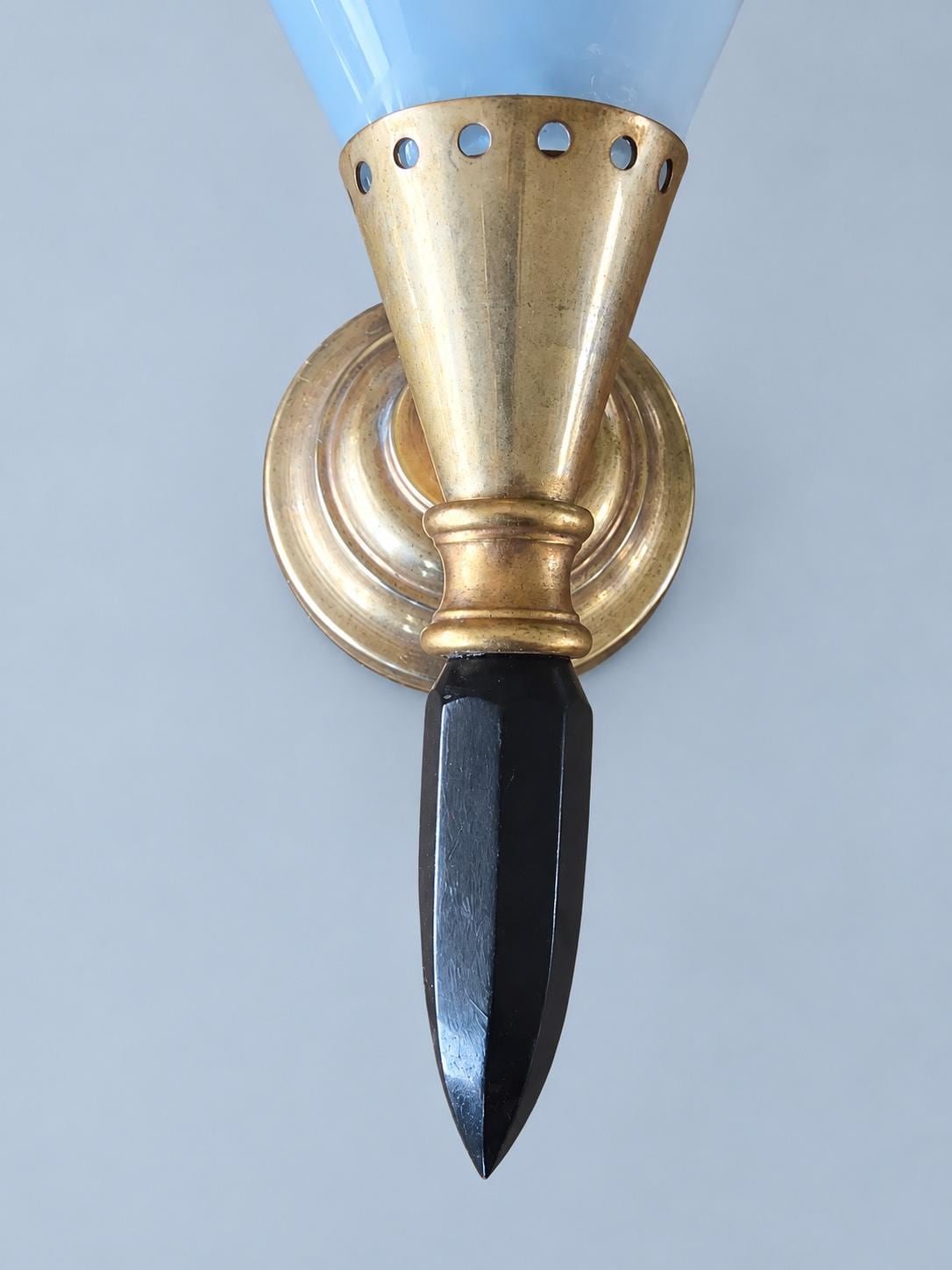 Pair of Vintage Rockabilly Wall Sconces, Black and White Plastic Petal Shades, Brass-Tone Bases and Pointed Finials