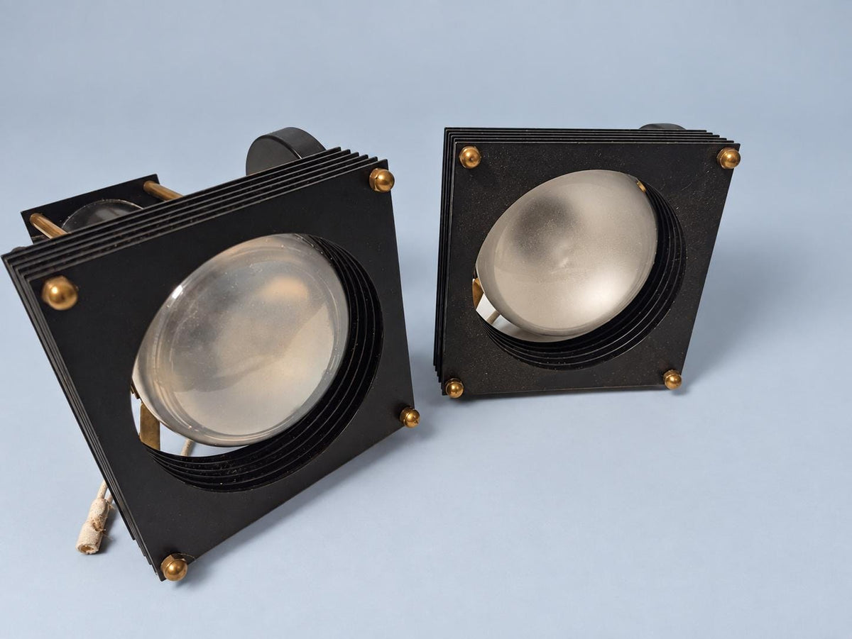 Vintage Pair of 1960s German Adjustable Black and Brass-Tone Wall Spotlights with Finned Square Heads