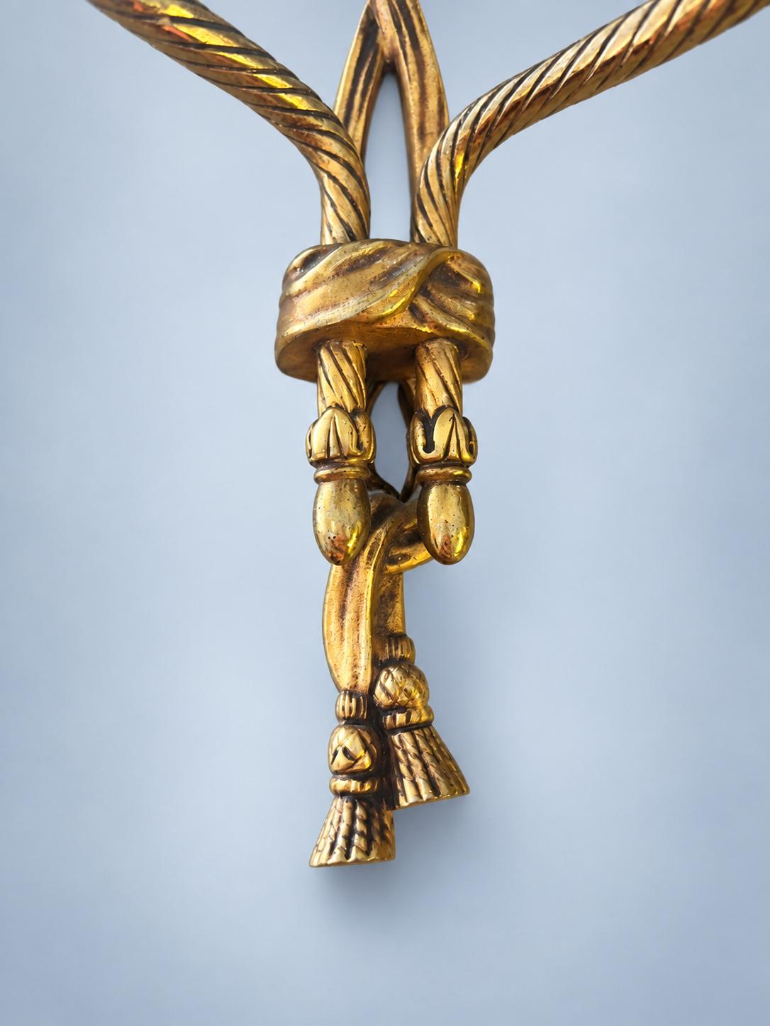 Single Louis XVI Style Two-Arm Wall Sconce, Gold-Tone Metal, Ribbon Bow, Rope-Fluted Arms and Tassels, 28 cm