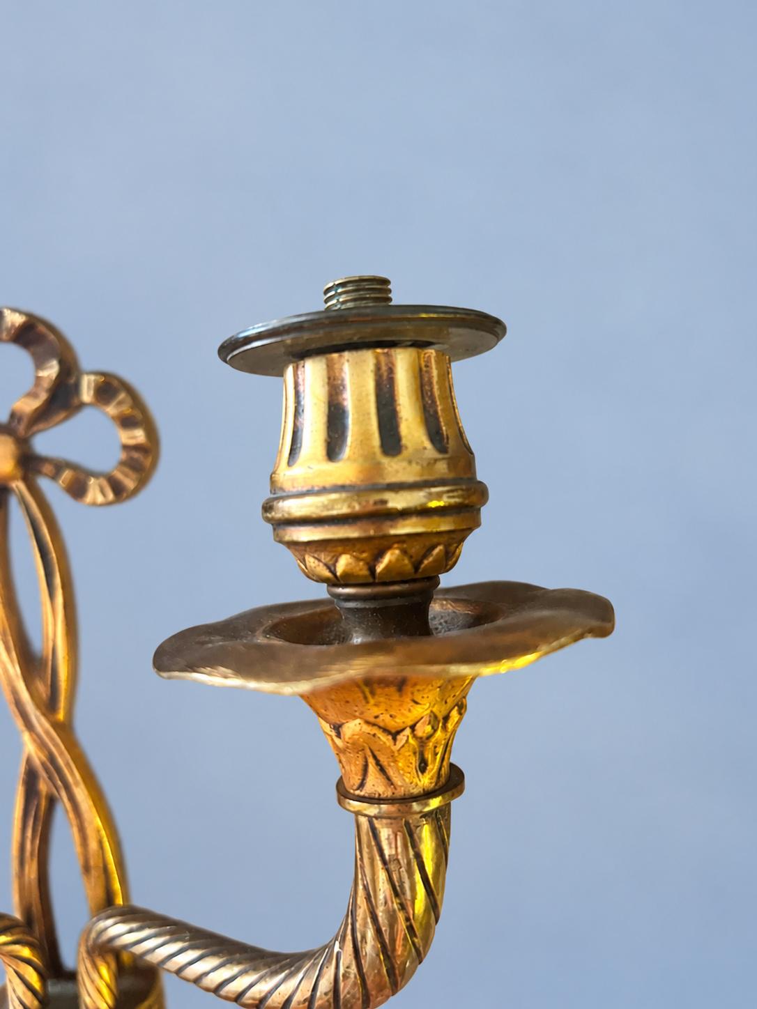 Single Louis XVI Style Two-Arm Wall Sconce, Gold-Tone Metal, Ribbon Bow, Rope-Fluted Arms and Tassels, 28 cm